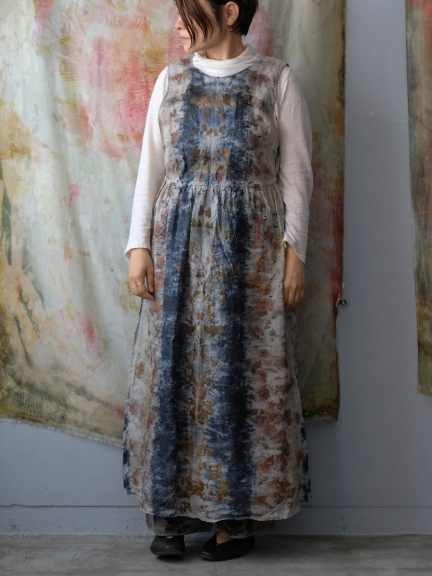 linen – side open dress / botanical 25-C2