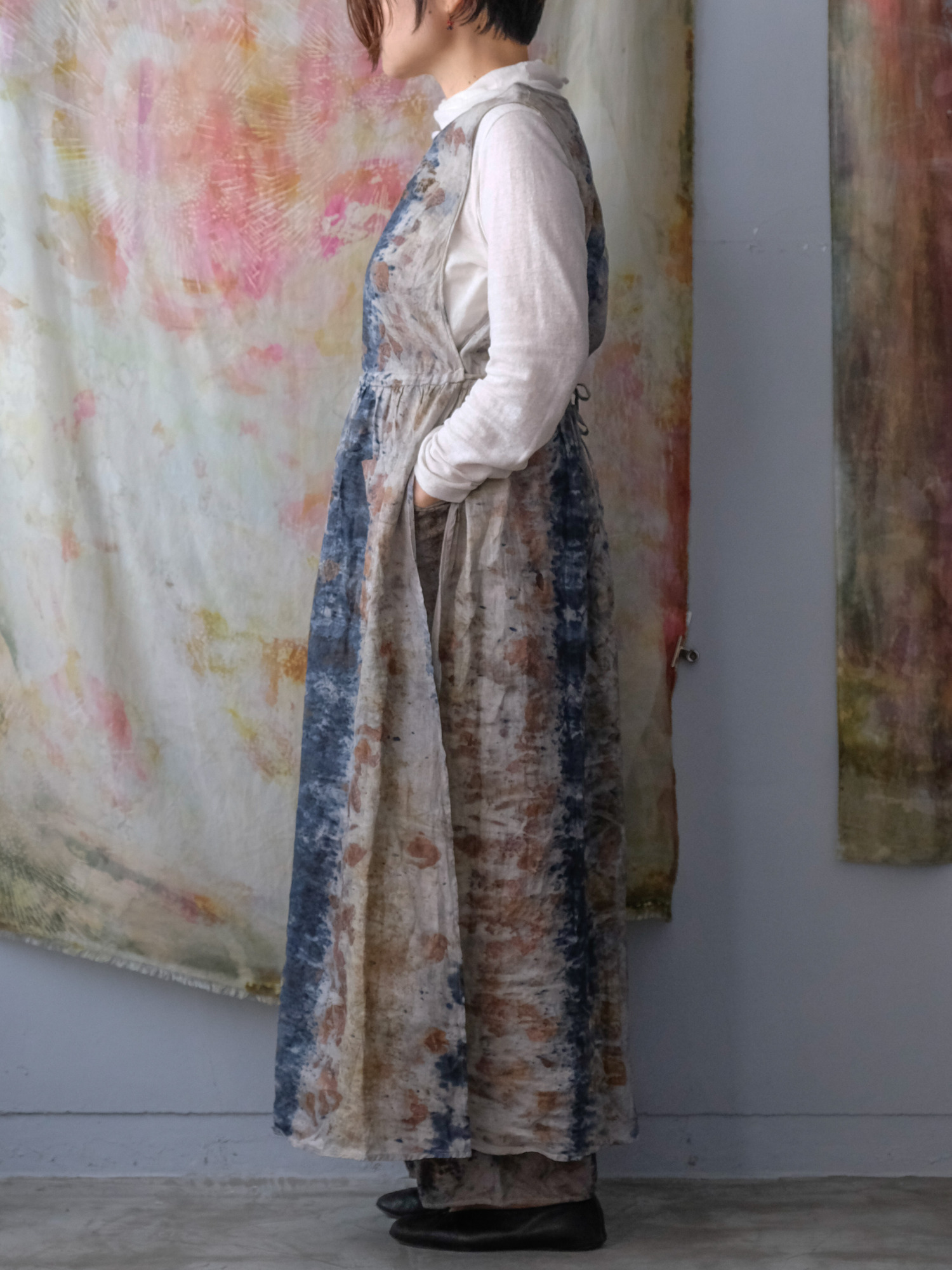 linen – side open dress / botanical 25-C2