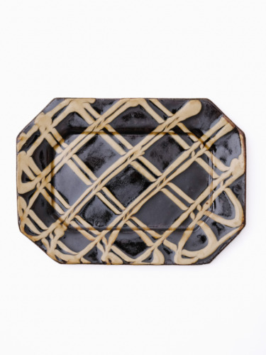 スリップウェア 長八角皿 / 中 26-e1