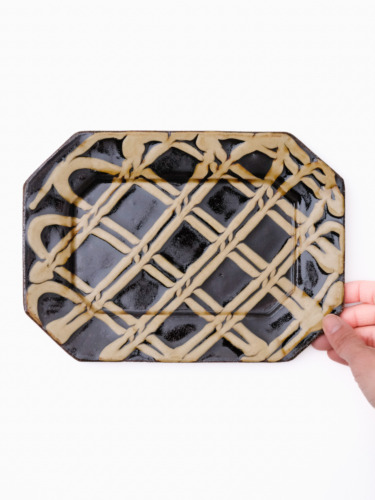 スリップウェア 長八角皿 / 中 26-e1